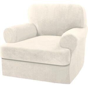 Ivory Stretch Velvet T-Cushion Armchair Cover | 2-Piece Furniture Guard